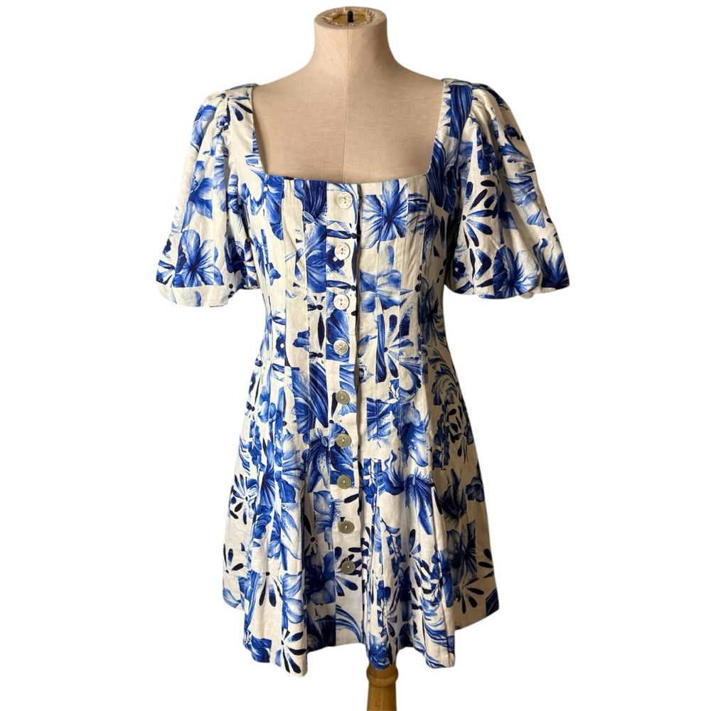 HOUSE OF HARLOW Blue Floral Square Neck Button Front Dress